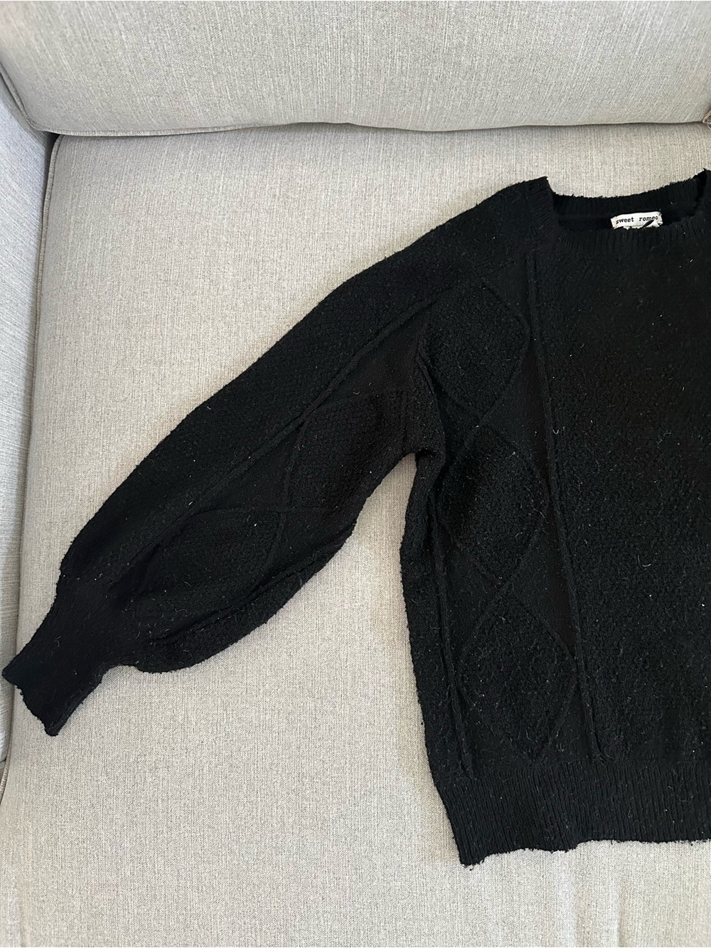 Sweet Romeo Black Cable-Knit Balloon Sleeve Crewneck Sweater